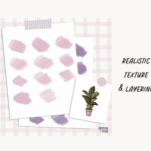 May include: A sheet of paper with a grid pattern and a variety of pink and purple watercolor brushstrokes. The text "REALISTIC TEXTURE & LAYERING" is written in black at the top right corner of the image. A small illustration of a potted plant is in the lower right corner.
