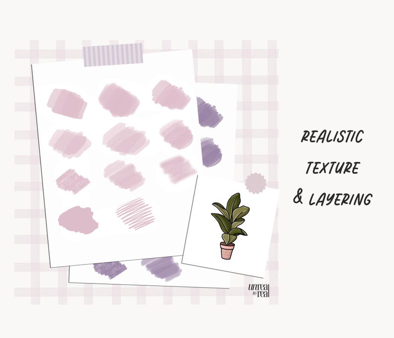 May include: A sheet of paper with a grid pattern and a variety of pink and purple watercolor brushstrokes. The text "REALISTIC TEXTURE & LAYERING" is written in black at the top right corner of the image. A small illustration of a potted plant is in the lower right corner.