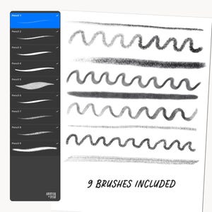 Puede incluir: Pinceles de arte digital mostrados sobre un fondo blanco. La imagen muestra nueve estilos de pinceles diferentes, cada uno creando una l&iacute;nea &uacute;nica. Un panel gris oscuro a la izquierda enumera los pinceles, y el texto "9 BRUSHES INCLUDED" est&aacute; en la parte inferior derecha.