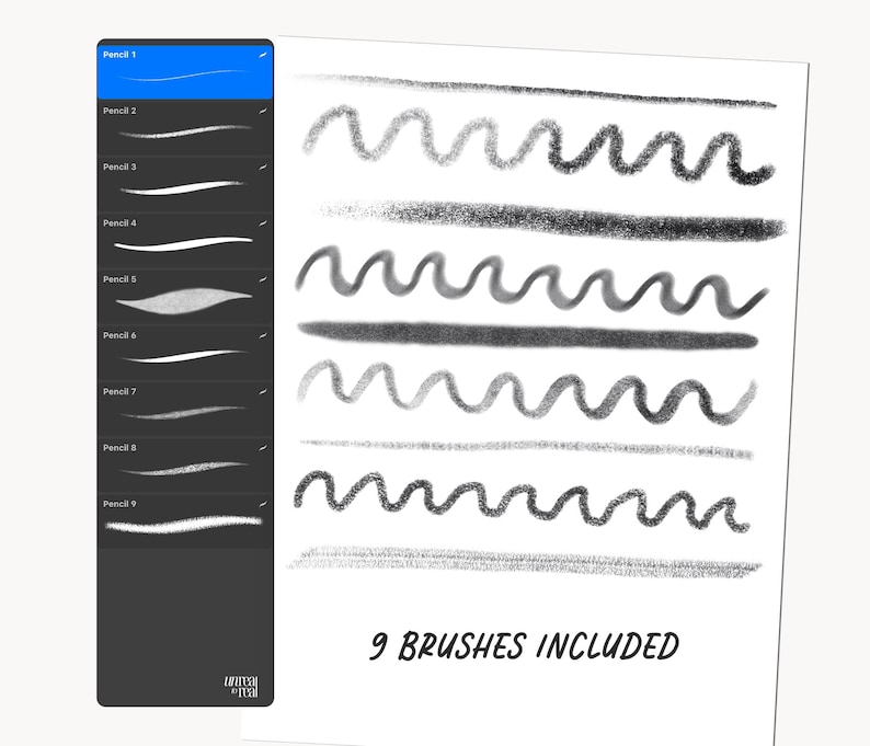 Puede incluir: Pinceles de arte digital mostrados sobre un fondo blanco. La imagen muestra nueve estilos de pinceles diferentes, cada uno creando una l&iacute;nea &uacute;nica. Un panel gris oscuro a la izquierda enumera los pinceles, y el texto "9 BRUSHES INCLUDED" est&aacute; en la parte inferior derecha.