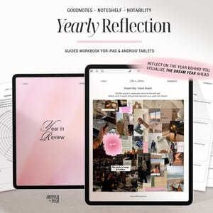 Può includere: Un tablet digitale rosa e bianco con un quaderno di lavoro guidato per la riflessione annuale. Il quaderno include una sezione "Anno in rassegna" e una sezione "Sognare in grande: Vision Board". La sezione del Vision Board è piena di immagini di natura, viaggi e obiettivi personali.
