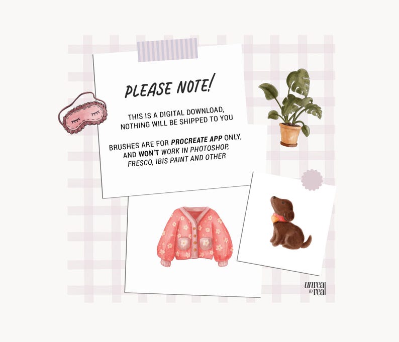 Puede incluir: Ilustraci&oacute;n en acuarela con tem&aacute;tica rosa. Incluye una m&aacute;scara para dormir rosa, una chaqueta floral rosa, un perro marr&oacute;n con collar amarillo y una planta en maceta. El texto en la imagen dice "PLEASE NOTE! THIS IS A DIGITAL DOWNLOAD..."