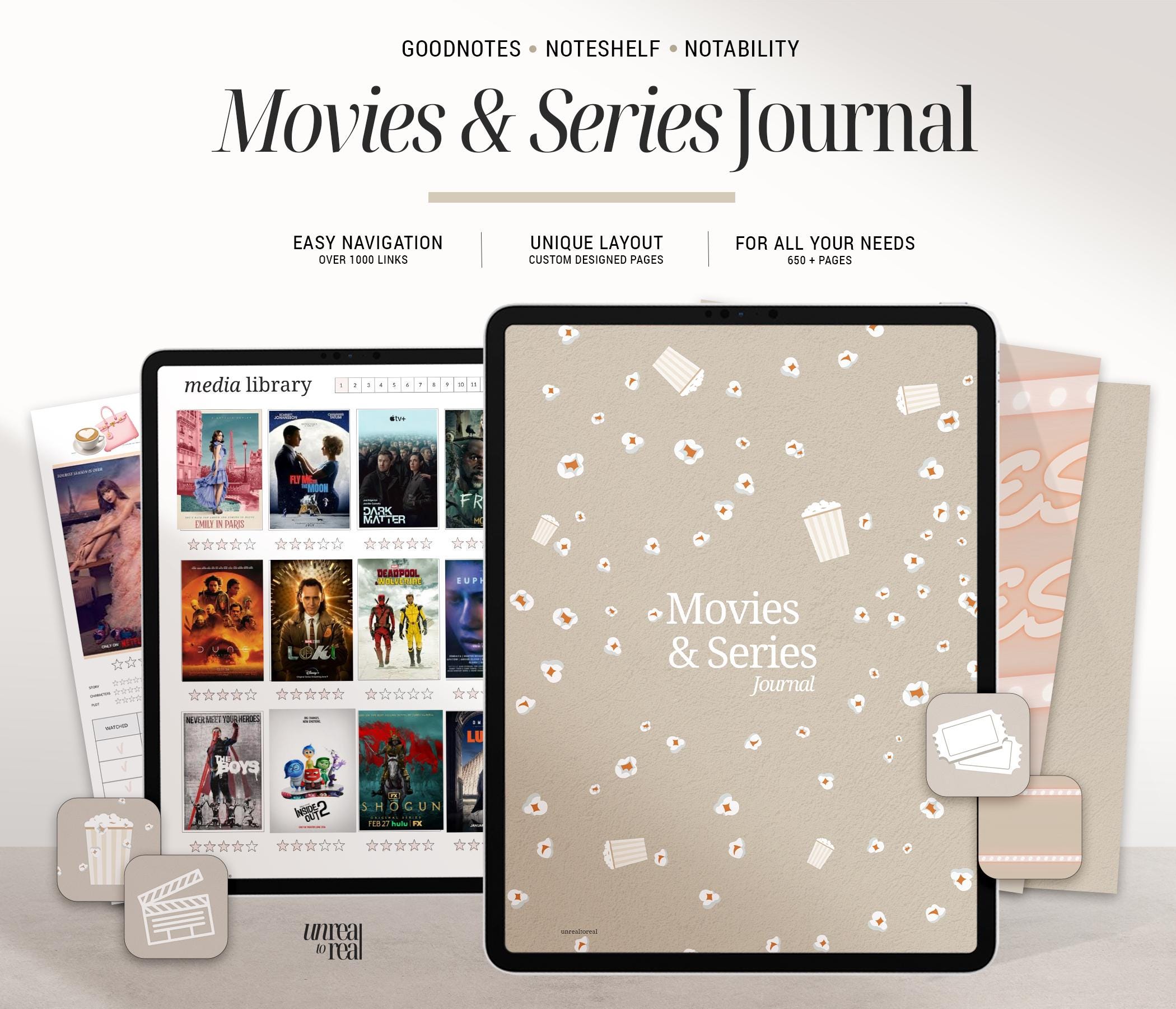 Digital Movies & Series Journal for iPad | Films and TV Shows tracker, review and mood board | Beige Minimal Watchlist Organizer | Goodnotes