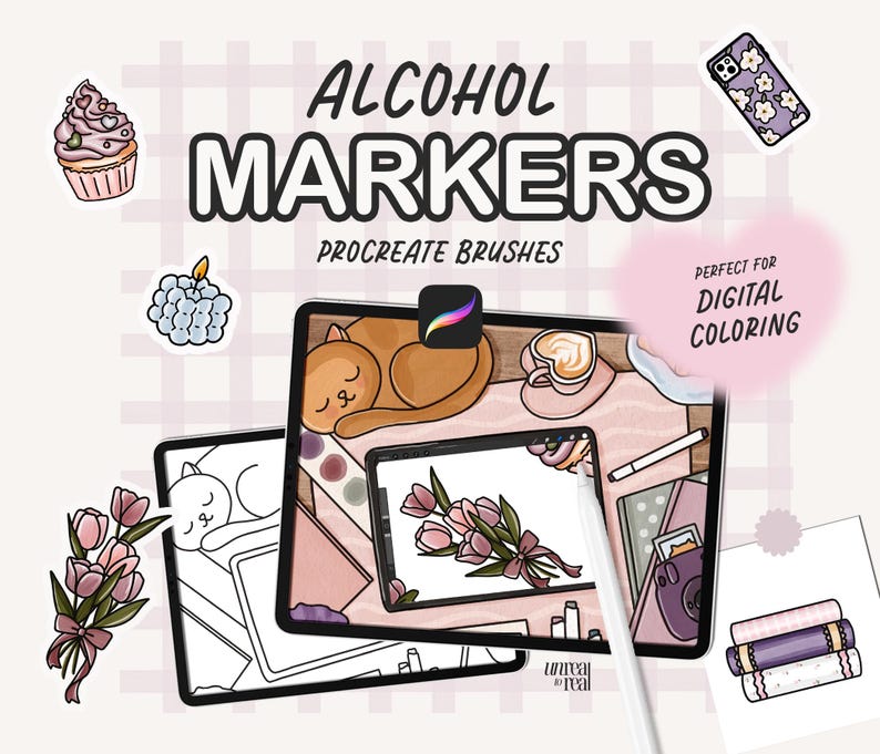 Pu&ograve; includere: Illustrazione digitale di un set di pennelli Procreate chiamato "Marcadores de alcohol" per la colorazione digitale. L'immagine mostra un tablet con un gatto e dei fiori disegnati su di esso, insieme a una tazza di caff&egrave; e una pila di libri. Il testo "Perfetto per la colorazione digitale" &egrave; incluso.