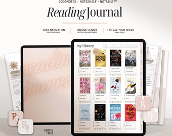 Puede incluir: Una aplicación de diario de lectura digital para Goodnotes, Noteshelf y Notability. La aplicación presenta un esquema de color rosa y blanco con una biblioteca de portadas de libros y un sistema de calificación. La aplicación tiene más de 1000 enlaces y más de 650 páginas.