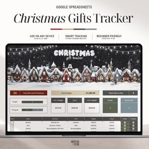 May include: A Google Spreadsheet template for tracking Christmas gifts. The spreadsheet has a festive design with a snowy village scene and a title that reads "Christmas gift tracker". The spreadsheet includes sections for tracking the total budget, gifts bought, gifts wrapped, and a list of gift recipients with their corresponding gift ideas and budget.