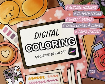 Pennelli per colorare digitali per ProCreate, pennarelli ad alcool, matite, Copic e set di pennelli per texture di carta per libri e pagine da colorare per iPad Cozy