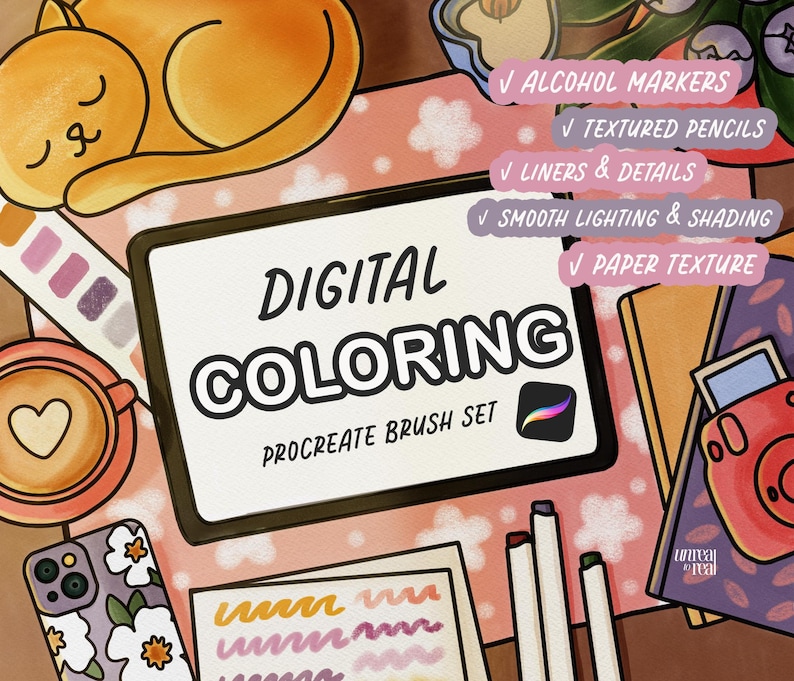 May include: Digital coloring brush set for Procreate app. The image shows a tablet screen with the text "Digital Coloring" and "Procreate Brush Set". The image also includes various art supplies, such as alcohol markers, textured pencils, and a phone with a floral design.
