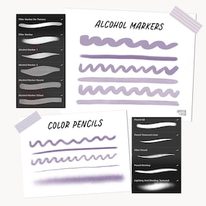 May include: Digital art samples of alcohol markers and color pencils in shades of purple. The image includes text that reads "ALCOHOL MARKERS" and "COLOR PENCILS". Various brush stroke styles are displayed on white paper.