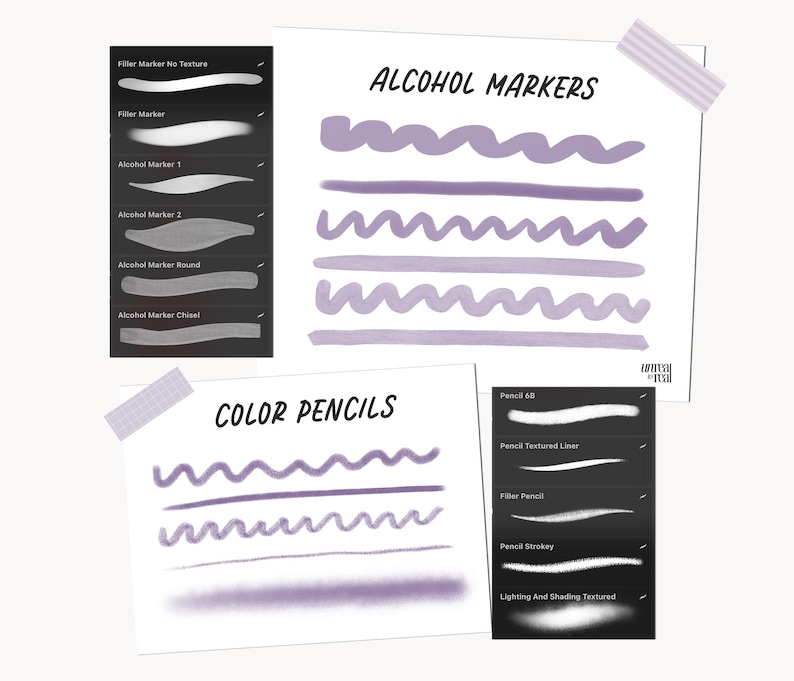 May include: Digital art samples of alcohol markers and color pencils in shades of purple. The image includes text that reads "ALCOHOL MARKERS" and "COLOR PENCILS". Various brush stroke styles are displayed on white paper.