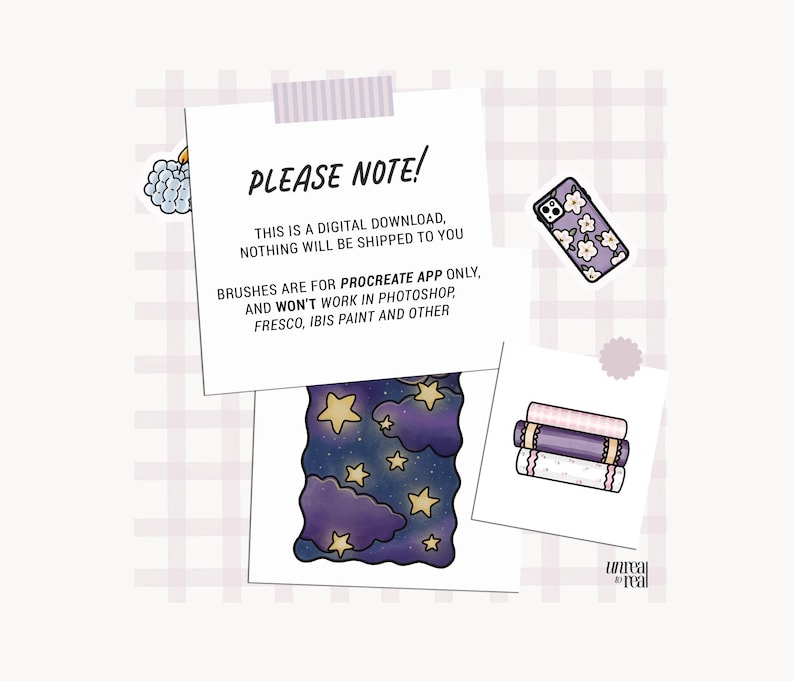 May include: A digital download of Procreate brushes featuring a night sky with clouds and stars. The text "PLEASE NOTE!" is displayed with the following information: "This is a digital download, nothing will be shipped to you. Brushes are for Procreate app only, and won't work in Photoshop, Fresco, Ibis Paint and other."