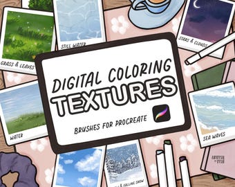 Pennelli da colorare digitali per ProCreate, set di pennelli con texture di acqua, nuvole, erba, foglie e neve per libri e pagine da colorare per iPad.