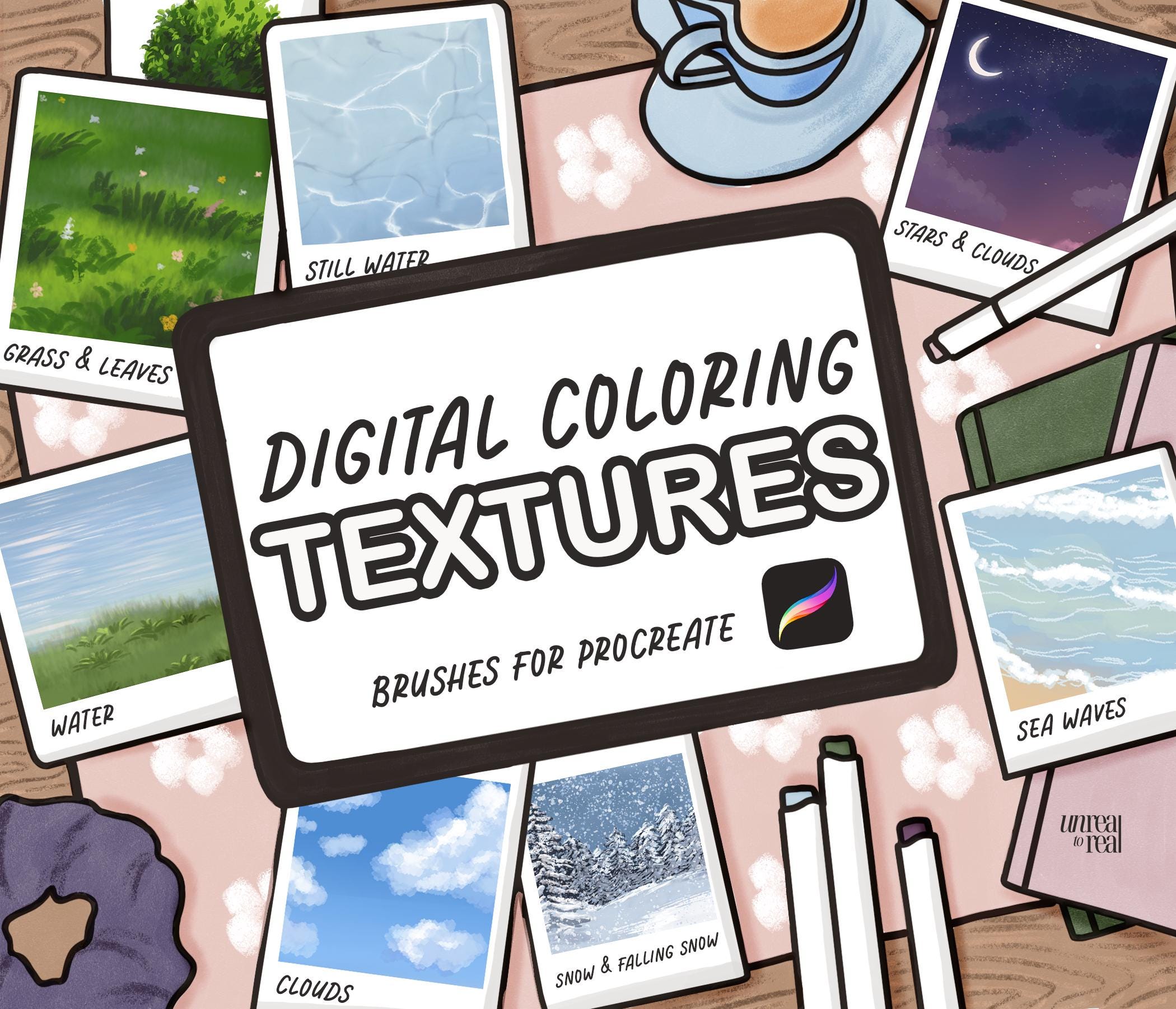 Pinceles de textura para Procreate – Conjunto de Nubes, Agua, Césped, Hojas, Nieve y Estrellas para iPad