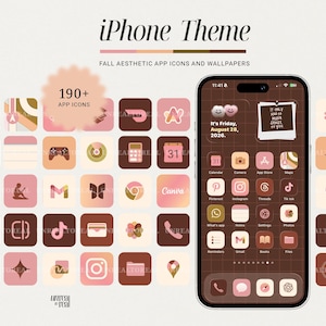 Peut inclure: Un ensemble de thèmes numériques pour iPhone comprenant plus de 190 icônes d'applications et fonds d'écran dans une palette de couleurs marron, rose et crème. L'écran affiche une grille d'icônes personnalisées, un widget date et une note.