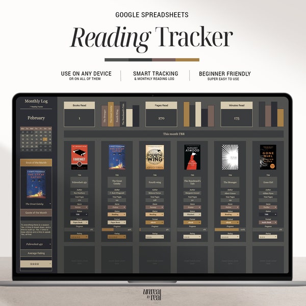 Dark Reading Tracker Spreadsheet for Book Lovers: Interactive Planner for Google Sheets, Book Tracker, Daily & Monthly Log, TBR, Favorites