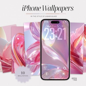 Puede incluir: Un iPhone con una pantalla de bloqueo que muestra la hora, rodeado de diez fondos de pantalla abstractos en tonos rosa y melocotón. El texto "iPhone Wallpapers" y "In the style of liquid glass" se ve, con "10 Wallpapers" en la parte inferior.