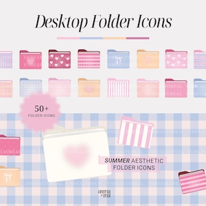 May include: A collection of digital desktop folder icons featuring various pastel color palettes and patterns including stripes, gingham, and hearts. The text reads Desktop Folder Icons, 50+ Folder Icons, and Summer Aesthetic Folder Icons.