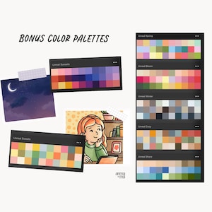 May include: An illustration featuring color palettes labeled "Unreal Sweets" and "Unreal Sunsets", along with a drawing of a person and a night sky scene. The text "BONUS COLOR PALETTES" is at the top. Additional palettes are labeled "Unreal Spring", "Unreal Bloom", "Unreal Winter", "Unreal Cozy", and "Unreal Shore".