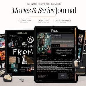Dark Digital Movies & Series Journal para iPad / Rastreador, reseña y panel de estado de ánimo de películas y programas de TV / Organizador minimalista de listas de seguimiento / Goodnotes