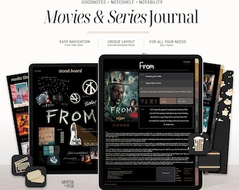 May include: A digital planner for movies and TV series with a black and white design. The planner includes a mood board, a media library, and a section for tracking movies and TV shows. The planner is designed for use with GoodNotes, Noteshelf, and Notability.