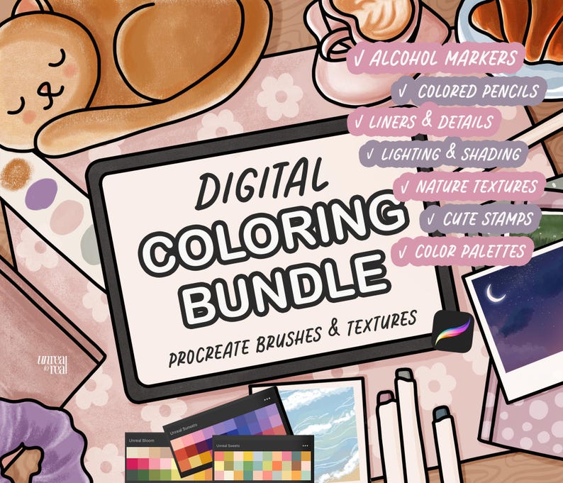 May include: A digital coloring bundle with Procreate brushes and textures. The image features a tablet with the text "DIGITAL COLORING BUNDLE" and a list of features including alcohol markers, colored pencils, and color palettes. The background is a soft pink.