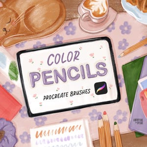 Peut inclure: Illustration numérique avec une tablette affichant "COLOR PENCILS" et "PROCREATE BRUSHES". Autour, des crayons, un appareil photo, un chat et une tasse de café. L'ensemble est dans des tons pastel.