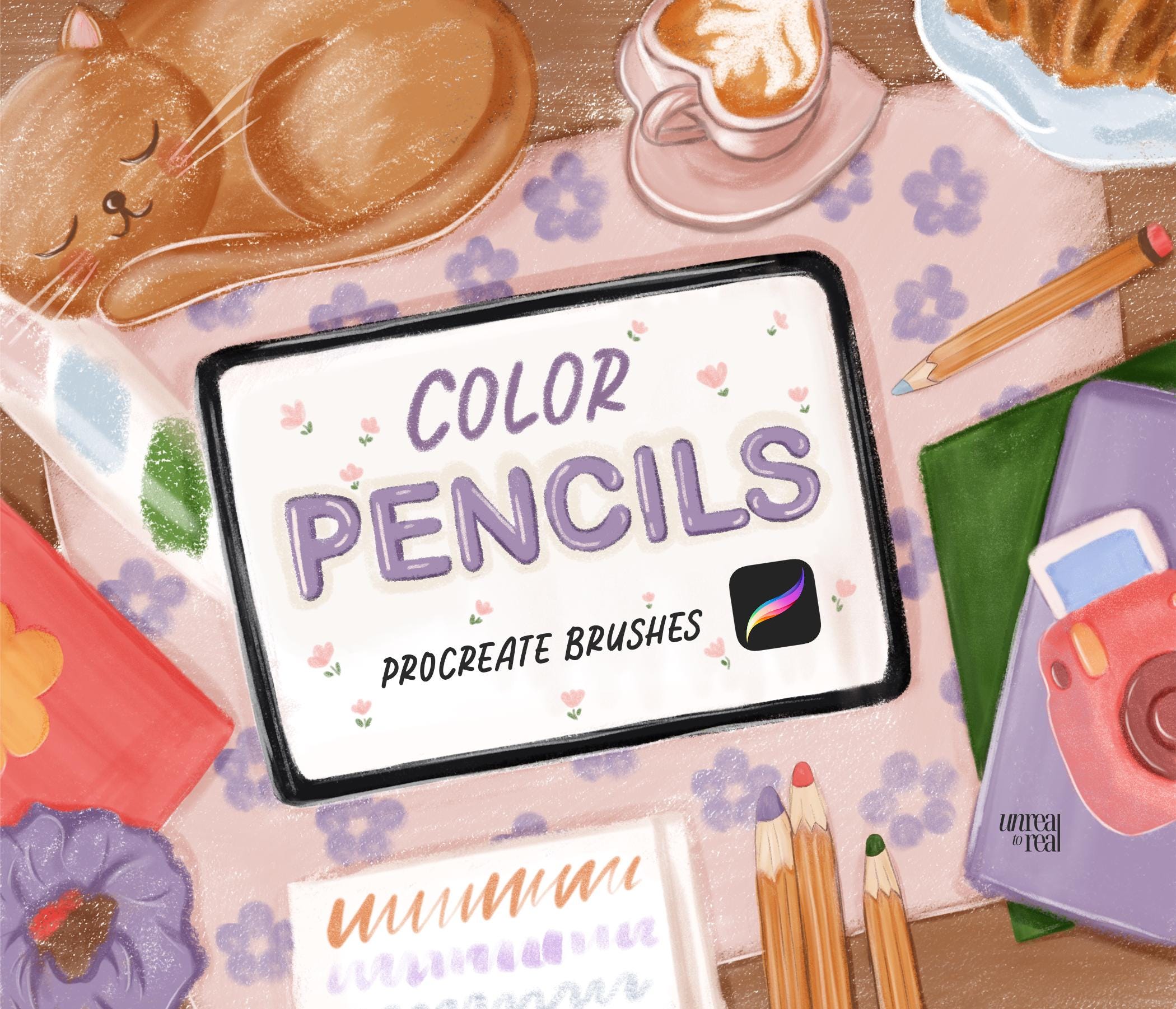 Pinceles de lápiz para Procreate en iPad — Set de texturas realistas de lápices de color para dibujo, boceto y coloreado digital