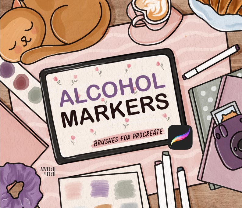 May include: A digital illustration of a tablet with the text "Alcohol Markers Brushes for Procreate" on the screen. The tablet is surrounded by various objects, including a cat, a cup of coffee, a pen, and a sketchbook.