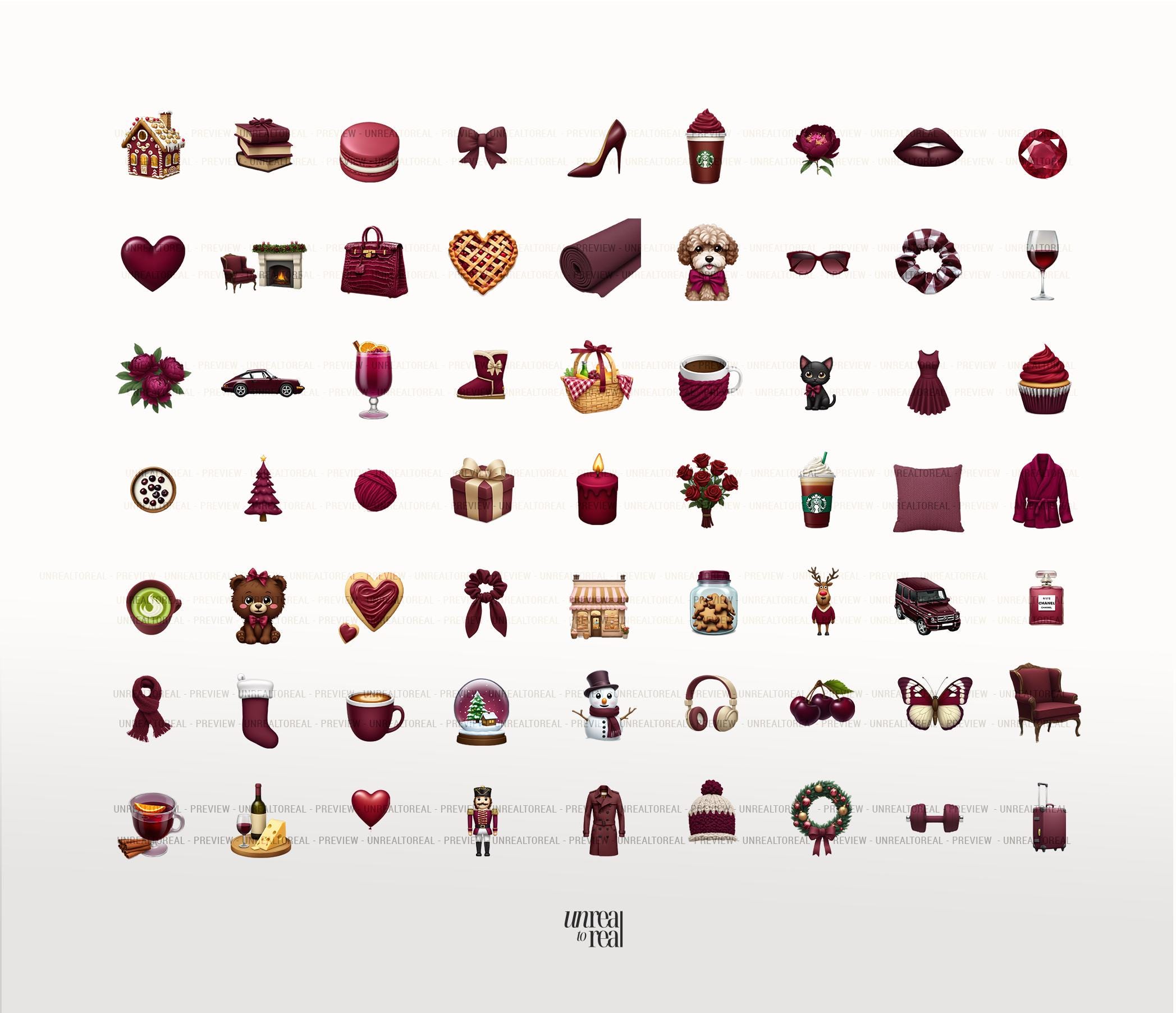 Iconos estéticos de emojis para iPhone / Paquete de iconos de emojis  personalizados en color burdeos para iOS 18 / Pegatinas para agenda digital  /, image size:2095x1804