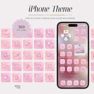 以下が含まれることがあります： ピンク色のiPhoneテーマ。360個のアプリアイコンとリキッドガラスの壁紙。電話はピンク色のアプリアイコンのグラデーション背景を表示します。アイコンには、ソーシャルメディア、カレンダー、その他のアプリのシンボルが含まれています。「iPhone Theme」というテキストが上部にあります。
