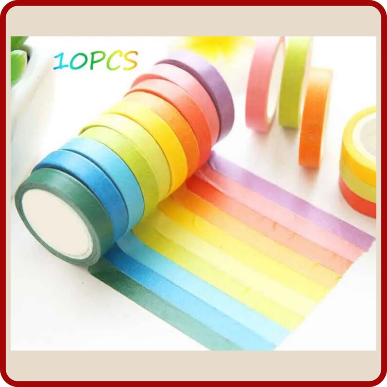 Set di nastri Washi arcobaleno da 10 pezzi per decorazioni fai-da-te, etichette con pennarelli, artigianato, scrapbooking, diari, imballaggi e altro ancora immagine 1