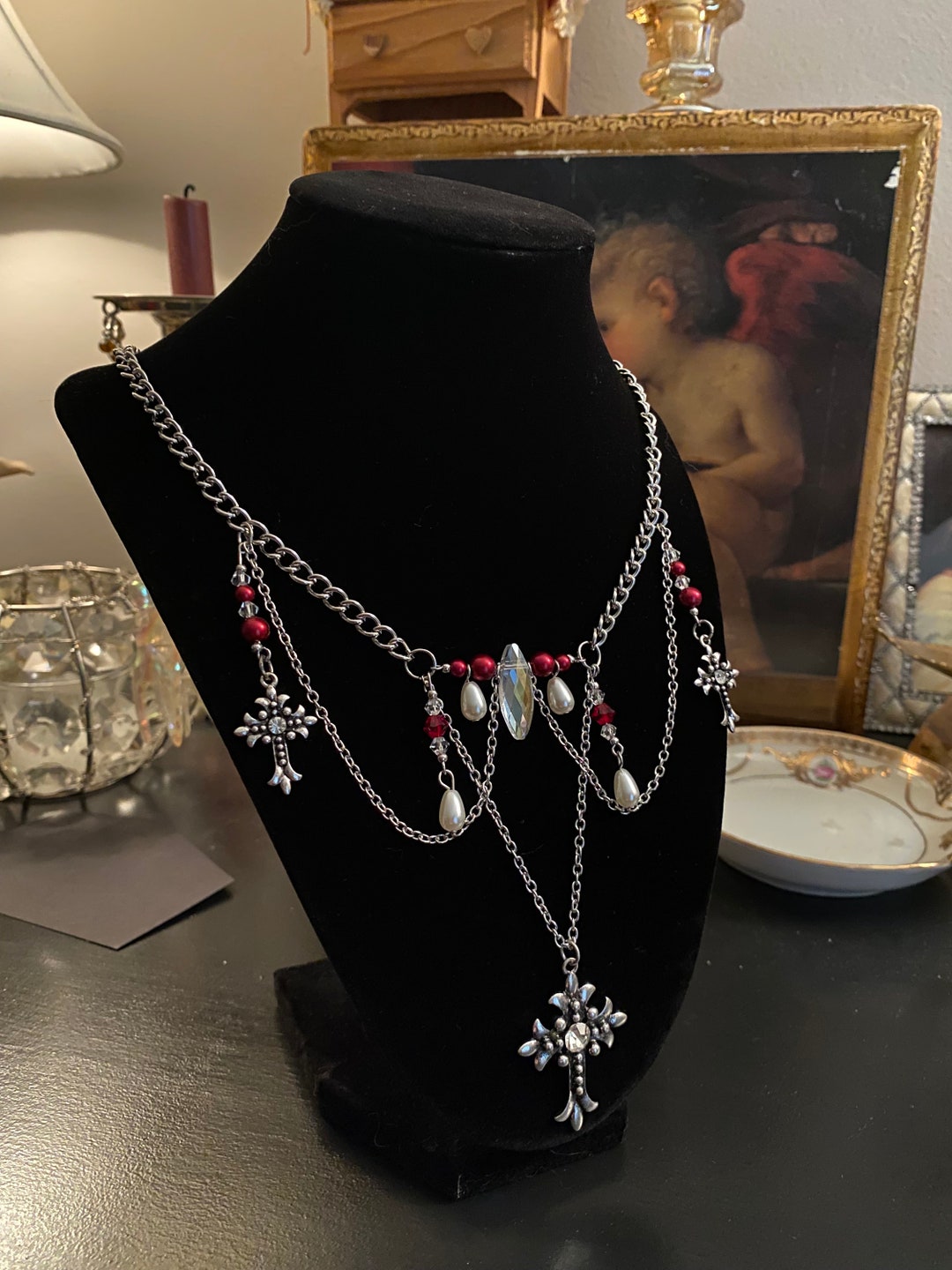 Sweet Cool Cross Red Leather Gothic Retro Tassel Layered Necklace