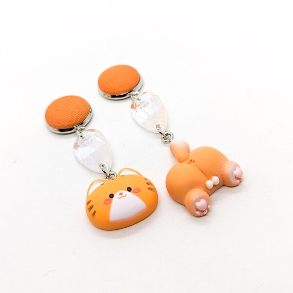 Cute Orange Kitty Fabric Rhinestone Plug Dangles Double Flare | Screw Fit | Internally Threaded | 6mm | 7mm | 8mm | 9mm | 10mm | 11mm | 12mm