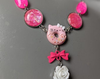 Pink Donut Cat White Flower Rhinestone Necklace - 18" (20" with extender)