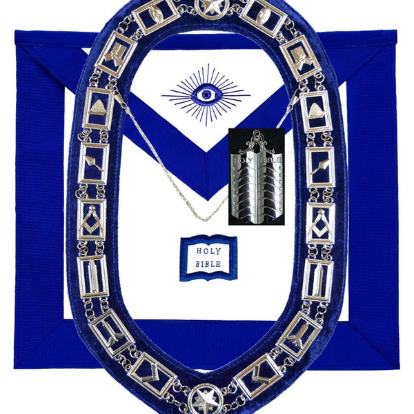 Masonic Blue Lodge Officer Chaplin Apron Silver Chain Collar And Jewel Machine Embroidered