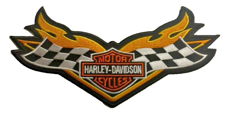 HARLEY DAVIDSON Checkered Flag With Flames Large Iron on Patch 7X4 Inch ...