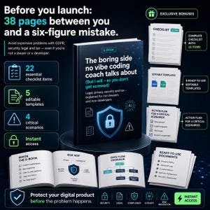 May include: A digital e-book titled The boring side no vibe coding coach talks about, featuring a central shield icon with a padlock. The image includes a 38-page guide, a 22-item checklist, 5 editable templates, and an action plan for 4 critical scenarios.