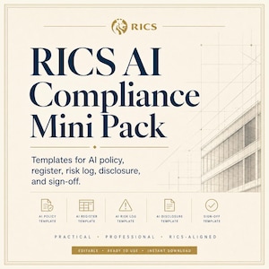 Pode incluir: Um gráfico quadrado com o texto RICS AI Compliance Mini Pack em azul escuro sobre um fundo creme. Lista modelos para política, registo, registo de riscos, divulgação e aprovação de IA, com cinco ícones dourados e o texto Practical, Professional, RICS-Aligned.