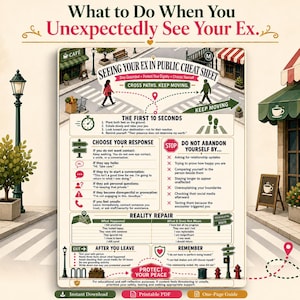 Può includere: Un'infografica informativa intitolata What to Do When You Unexpectedly See Your Ex. La guida presenta un'illustrazione stradale e sezioni intitolate The First 10 Seconds, Choose Your Response, Reality Repair e Protect Your Peace.