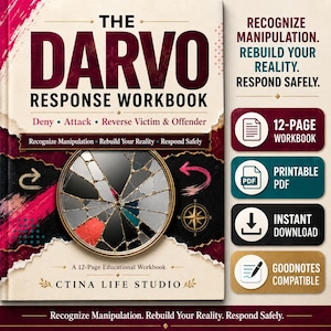 Könnte beinhalten: Das Darvo Response Workbook von Ctina Life Studio ist ein 12-seitiges Arbeitsbuch mit einer Grafik eines zerbrochenen Spiegels, einem Kompass und dem Text: Deny, Attack, Reverse Victim & Offender. Enthält Symbole für PDF und Sofort-Download.