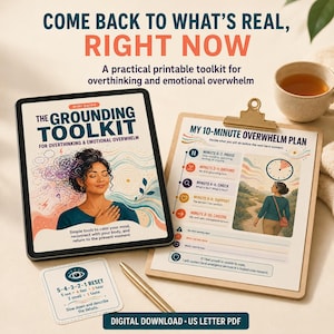 May include: A digital printable toolkit for overthinking and emotional overwhelm, featuring a tablet displaying 'The Grounding Toolkit' guide, a clipboard with a '10-Minute Overwhelm Plan', a '5-4-3-2-1 Reset' card, and a gold pen on a surface.
