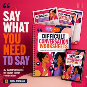 Puede incluir: Un cuaderno de ejercicios en espiral titulado Difficult Conversation Worksheets con una portada rosa y azul que muestra a dos personas ilustradas. El set incluye hojas sueltas y una tableta que muestra el mismo diseño en un fondo rosa.