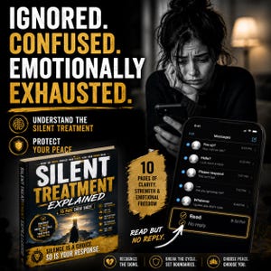 Puede incluir: Una guía digital titulada Silent Treatment Explained con una hoja de trucos de 10 páginas. La portada muestra la silueta de un faro, texto sobre agotamiento emocional y una pantalla de smartphone con un hilo de mensajes sin respuesta.