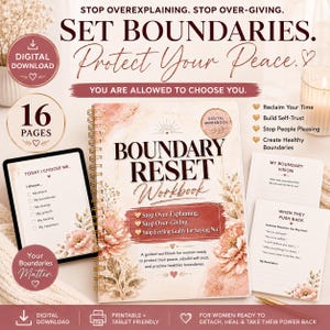 May include: A spiral-bound "Boundary Reset Workbook" with floral accents and the text "Stop Overexplaining. Stop Over-Giving. Set Boundaries. Protect Your Peace." Also includes a tablet with the text "Today I Choose Me."
