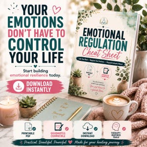 May include: An Emotional Regulation Cheat Sheet guide with a green and white cover featuring botanical illustrations. The scene includes a spiral notebook, a gold pen, a candle labeled breathe, a coffee mug with a heart, and digital download icons.