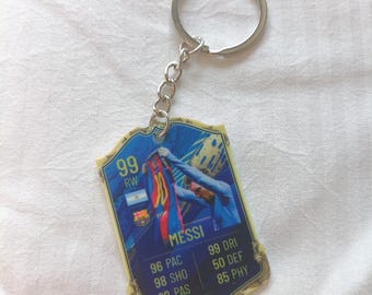 Messi Barcelona FC21 Fut-kortnyckelring | Förra säsongen present till honom | Akrylnyckelring | Argentina-legend | Messi avskedskort present