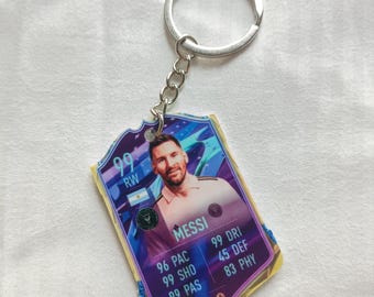 Llavero de tarjeta de Messi del Inter Miami FC24 Fut / Regalo para él del Mundial de Argentina / Llavero acrílico / Temporada de debut en la MLS / Tarjeta de regalo con valoración 99