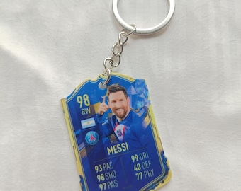 Llavero de tarjeta Fut de Messi PSG FC22 / Regalo de fútbol argentino para él / Llavero acrílico / Segunda temporada del París Saint-Germain / Tarjeta de regalo con valoración 98