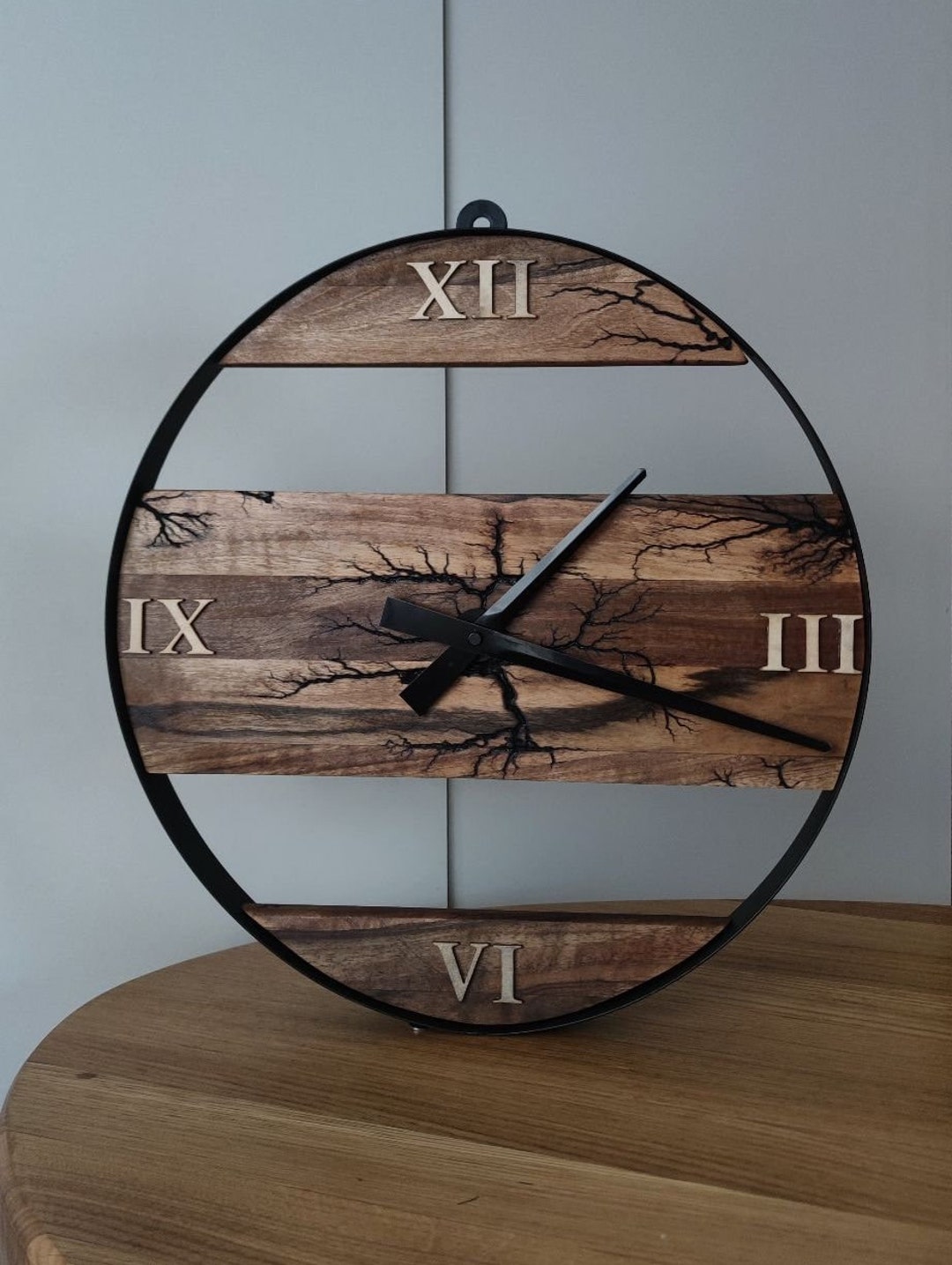 Handmade Wooden Wall Clock, Walnut Wood Wall Clock, Wood and Metal Wall