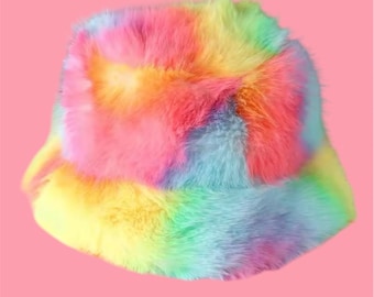 Sombrero de pescador peludo, sombrero de pescador de piel sintética, sombrero de pescador teñido anudado, sombrero rave, regalo rave, regalo para novia, regalo del día de San Valentín, sombrero de pescador azul